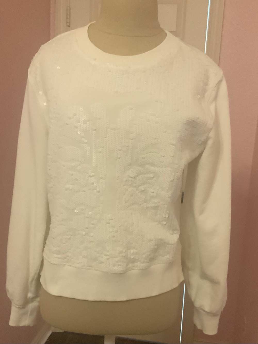 Anthropologie White Sequin Crewneck Sweater
